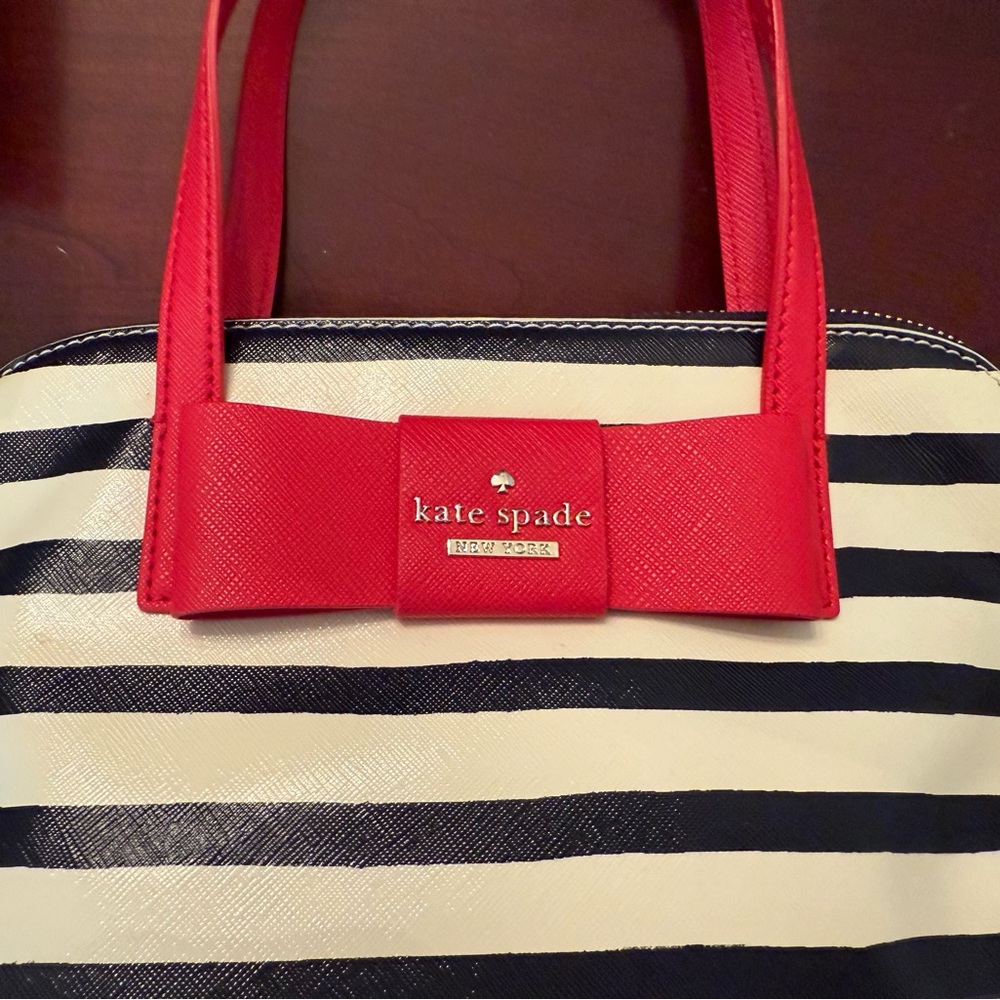 Kate Spade Black and White Striped Satchel with Red Accents - Picture 7 of 8